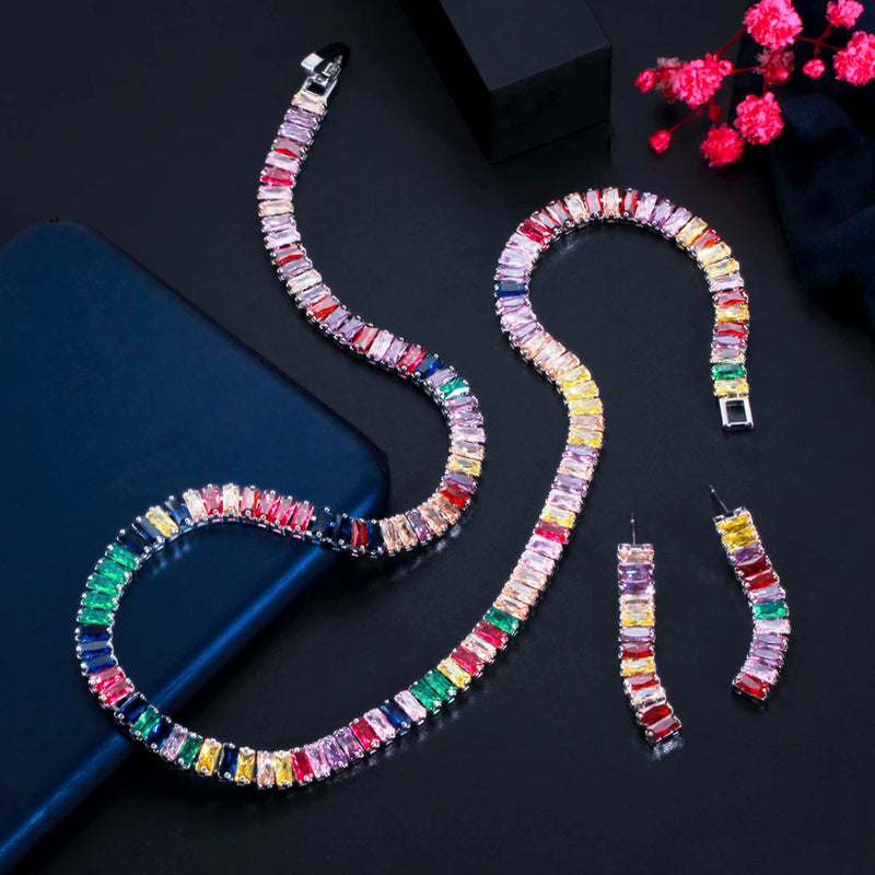 Conjunto de jóias, colar e brinco  multicolorido zircônia cúbica.