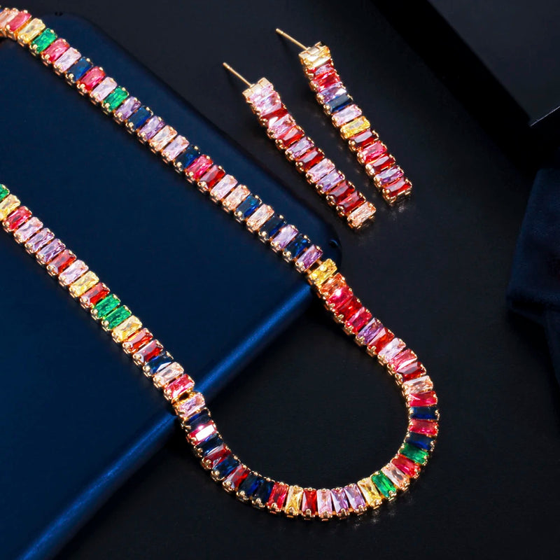 Conjunto de jóias, colar e brinco  multicolorido zircônia cúbica.