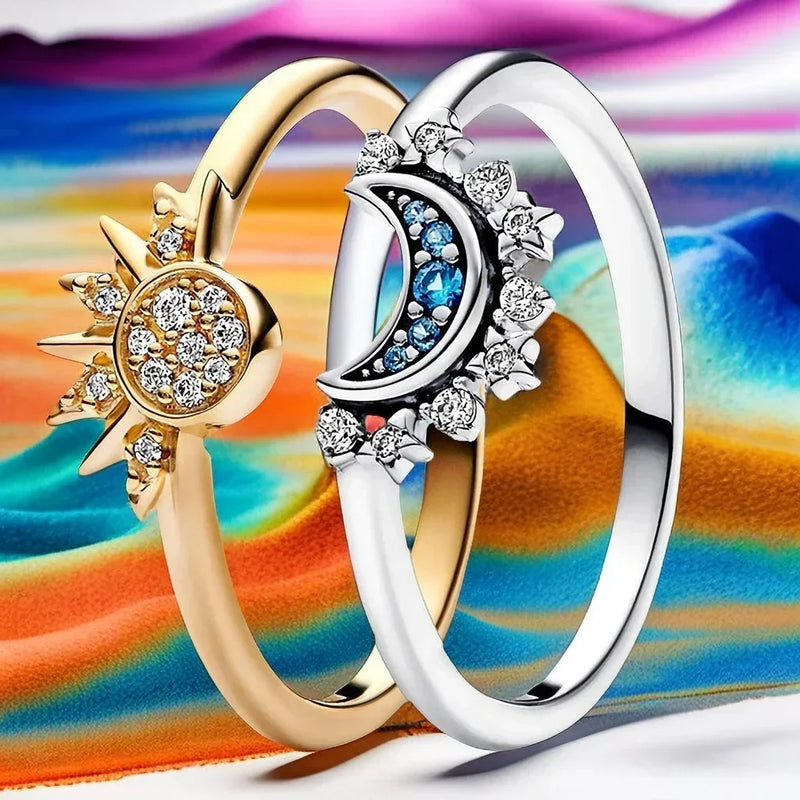 Anéis lua e sol para mulheres, faixa de dedos empalhável prata 925.