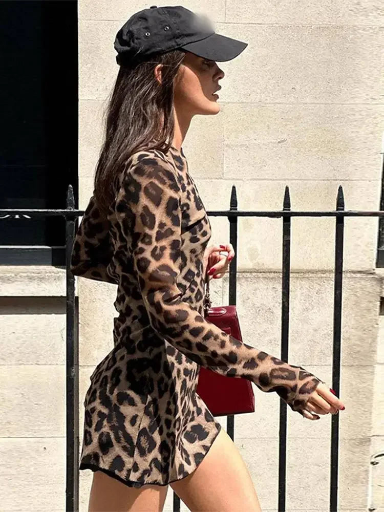 Mini vestido com estampa leopardo, gola redonda simples, mangas compridas, casual  chique.
