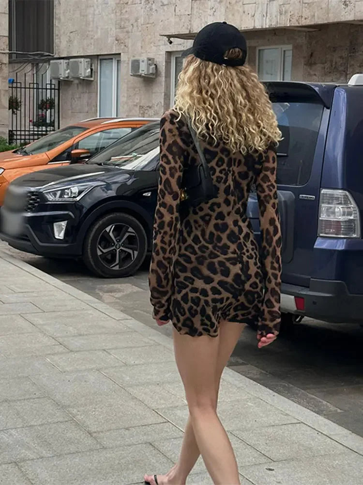 Mini vestido com estampa leopardo, gola redonda simples, mangas compridas, casual  chique.