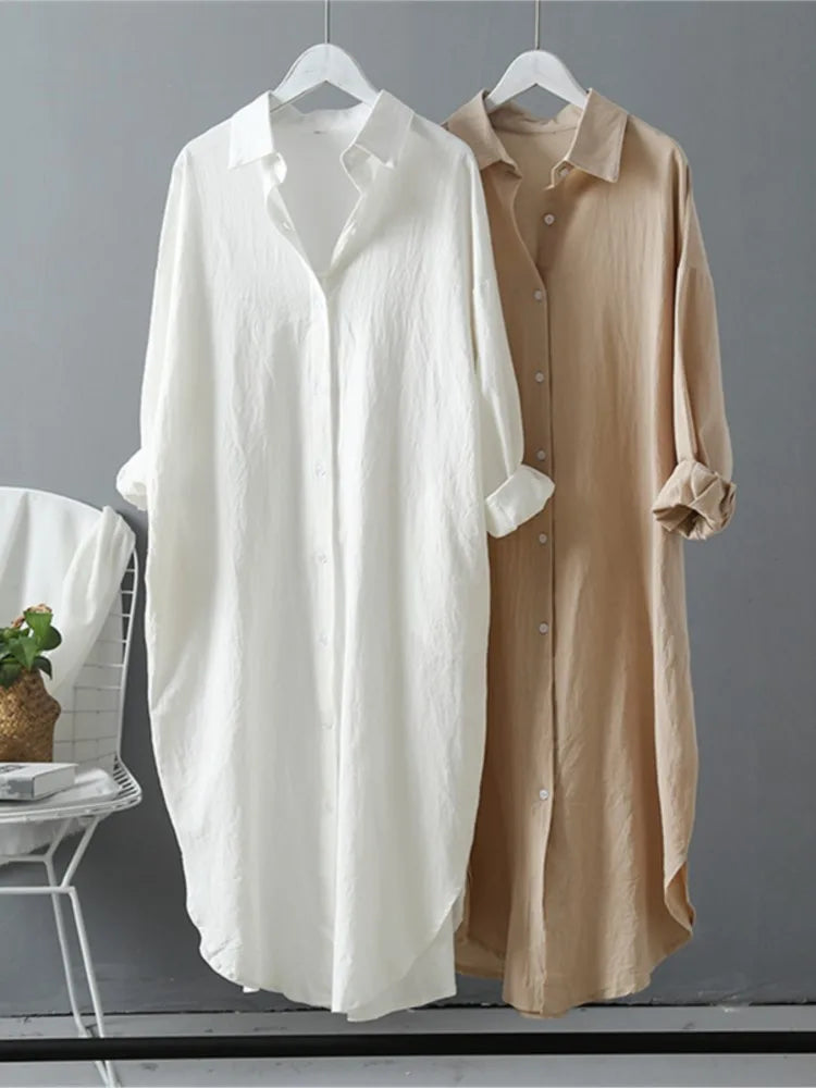 Vestido camisa comprida, casual, solto, algodão linho, elegante.
